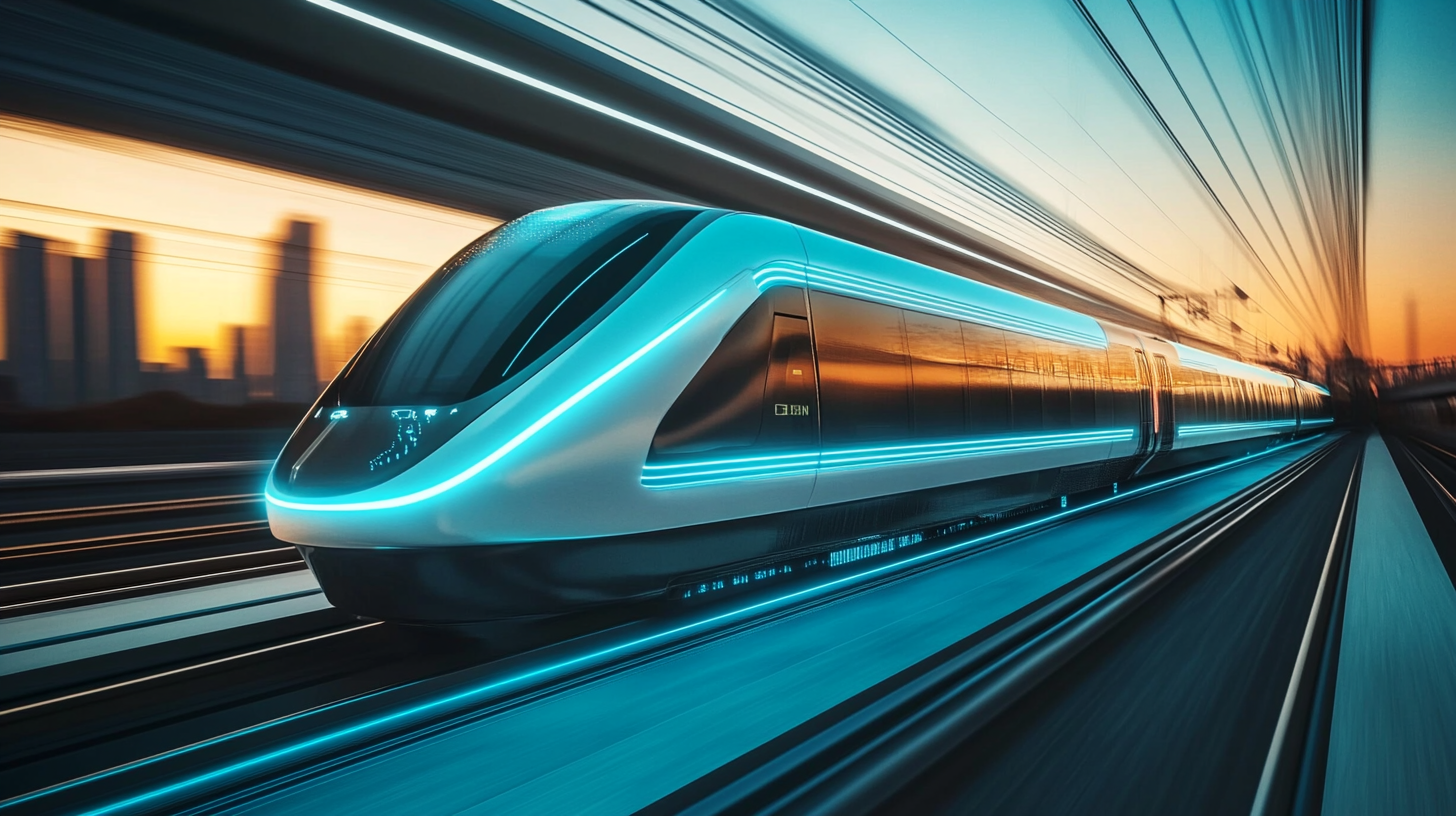 Fast futuristic electric train with stylish sustainable design.