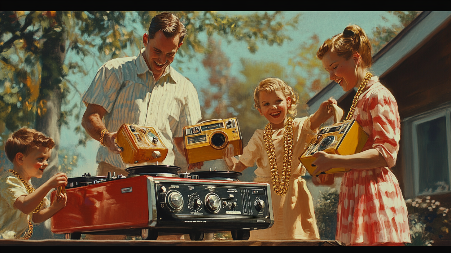 Father DJs, mother dances, kids with boomboxes in retro yard.