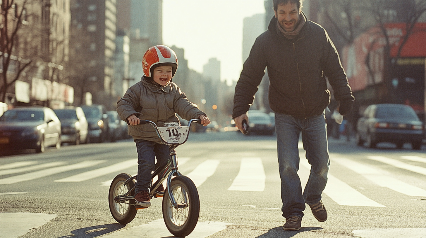 Father Proudly Guides Son's First Bike Ride