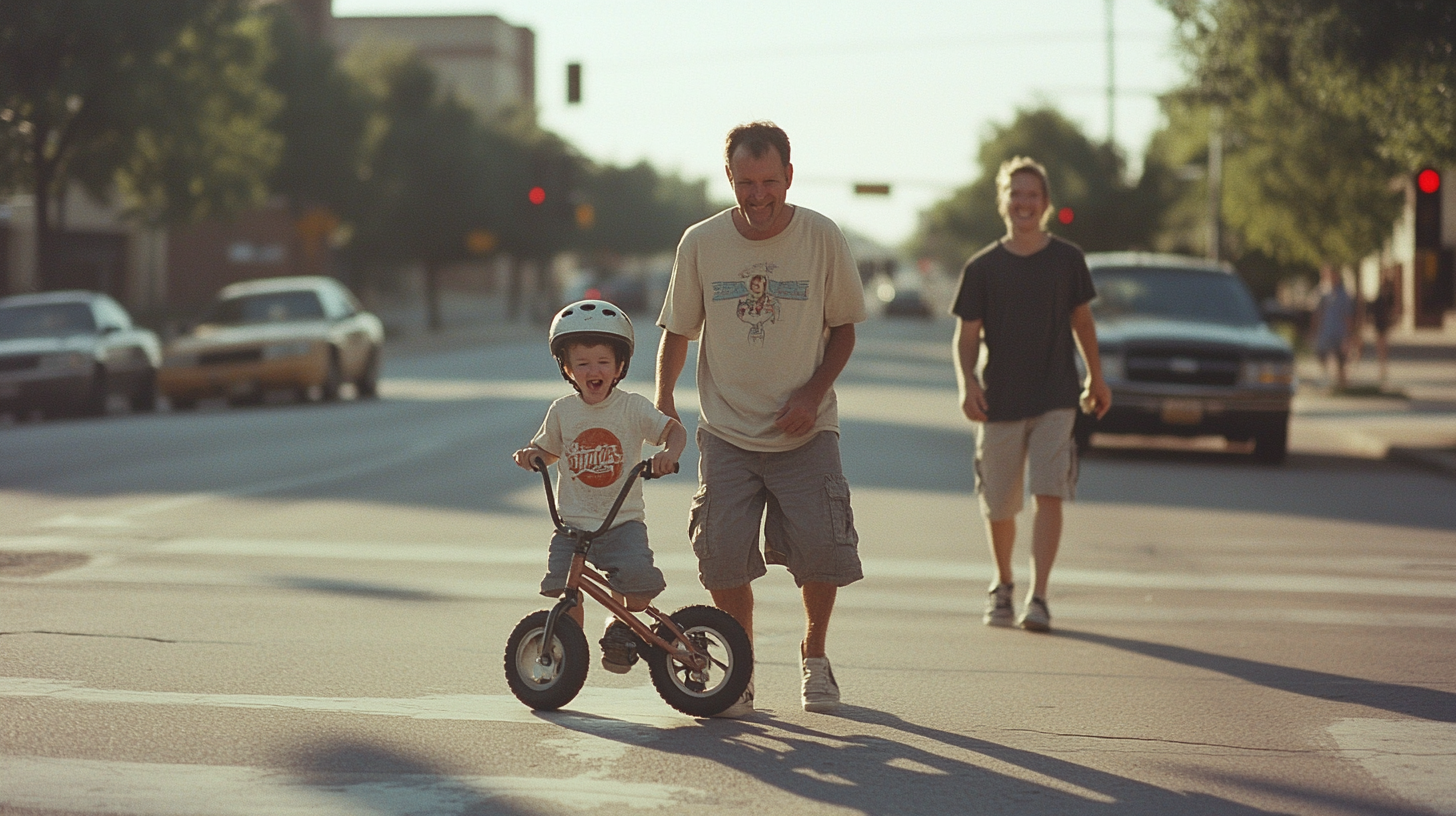 Father Proudly Watches Son's First Bike Ride