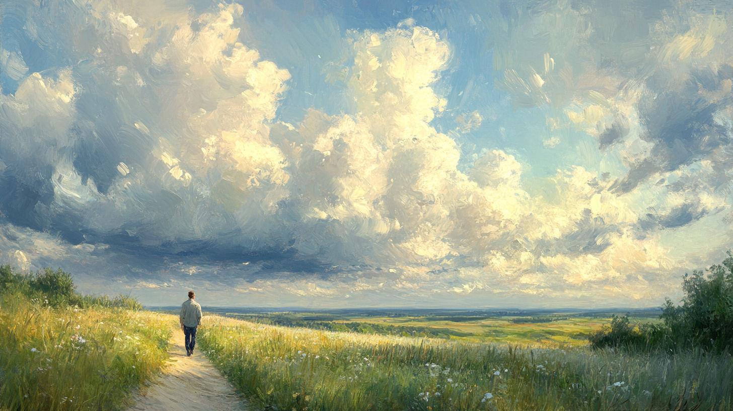 Father Walking Country Path Monet Cloud Style