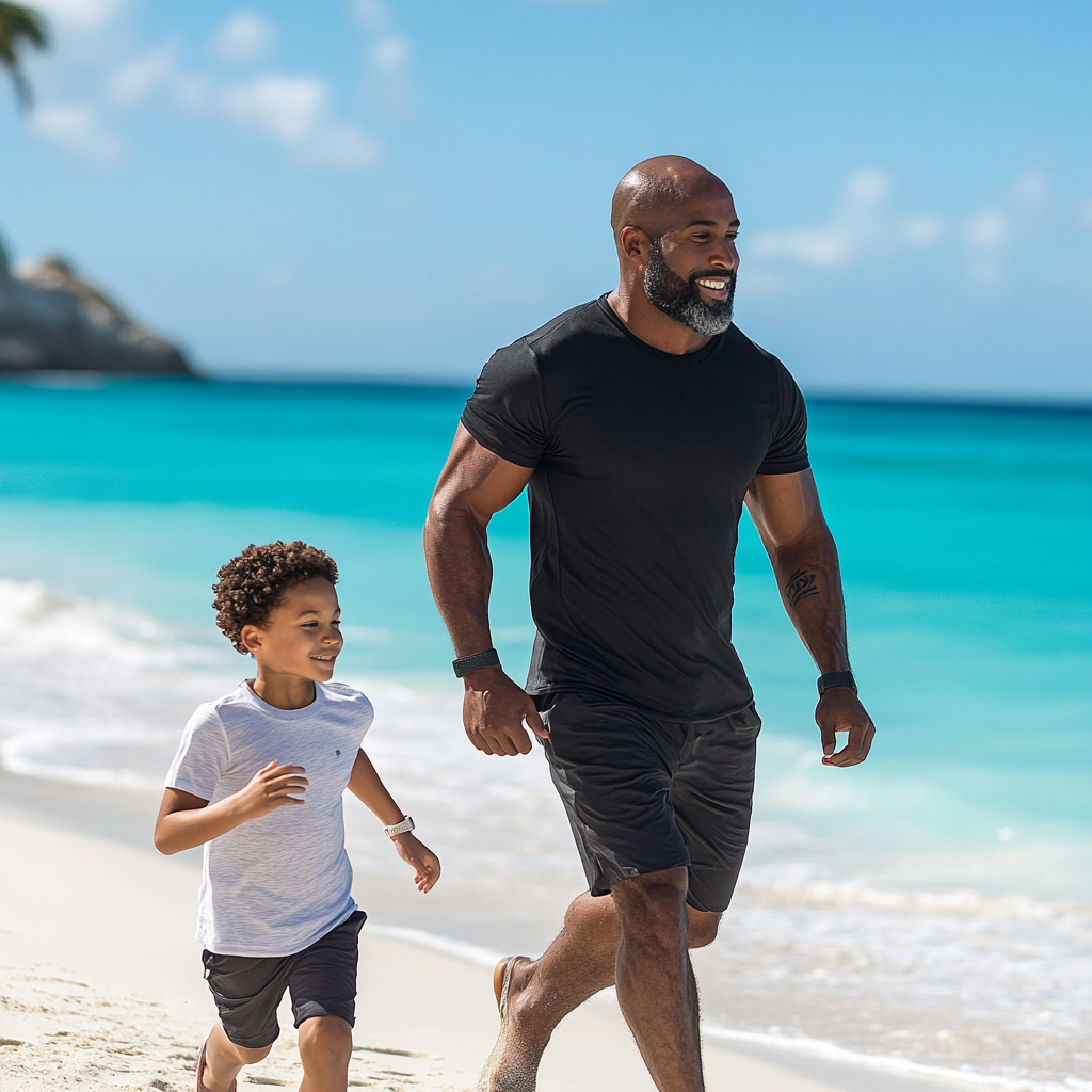 Father and Son's Run on Stunning Caribbean Beach