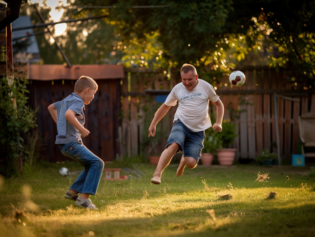 Father and Son Playing Football in Backyard Joyful Moment Capture 