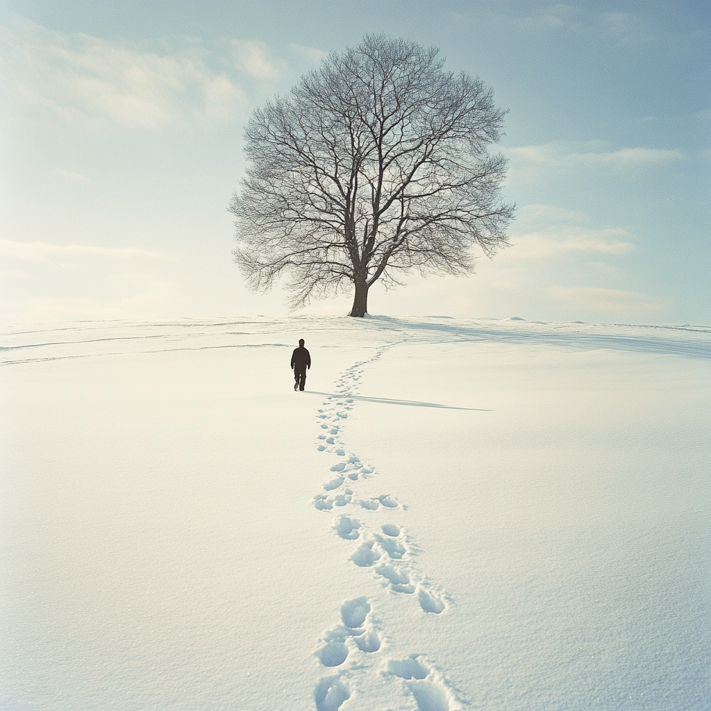 Father and Son Walking in Snowy Landscape.