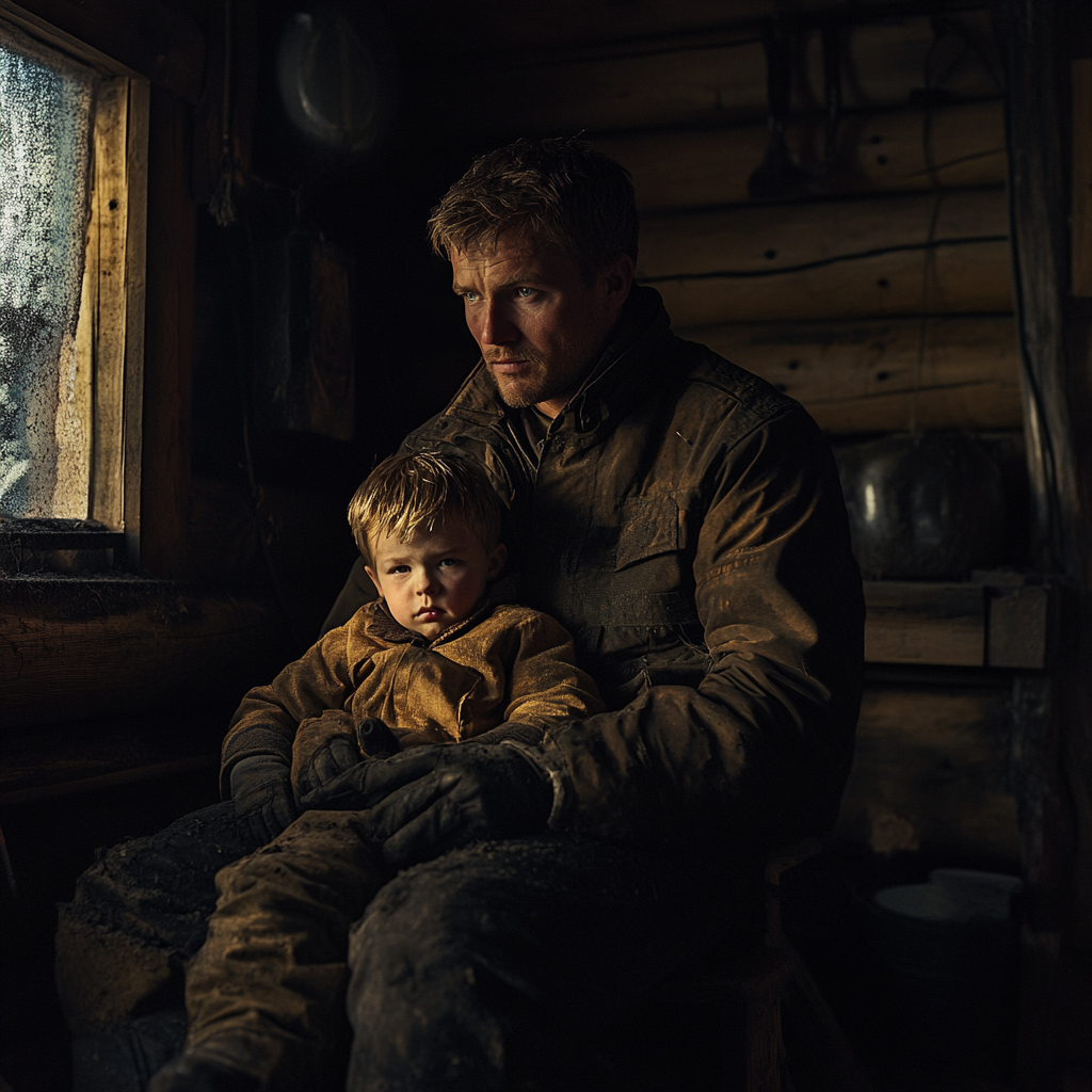 Father and Son in Antique Cabin, Cinematic Imax Shot