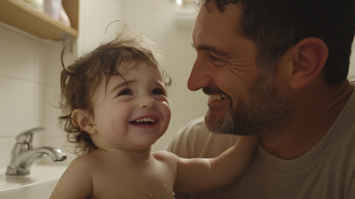 Father and daughter share tender bathroom moment