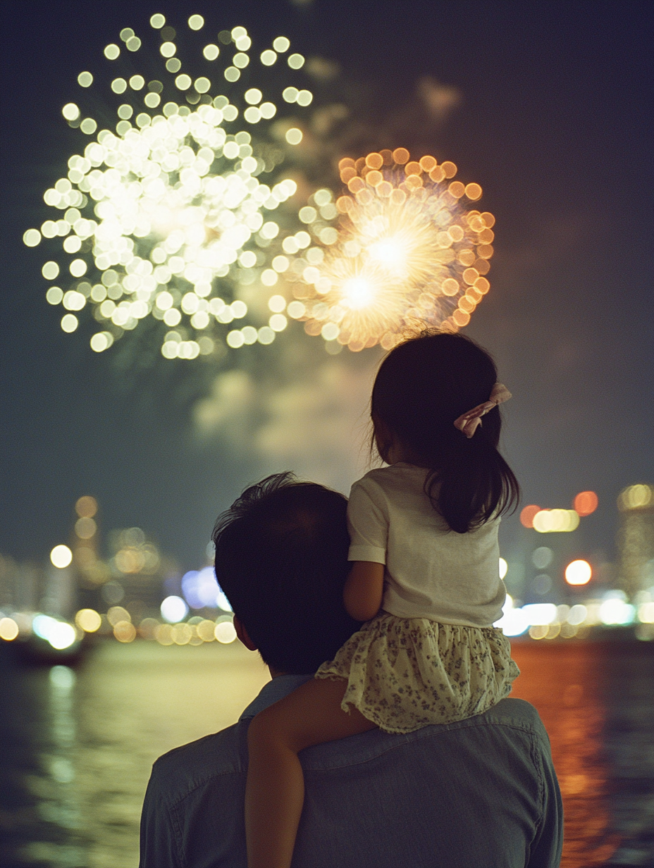 Father and daughter watch fireworks in Tokyo