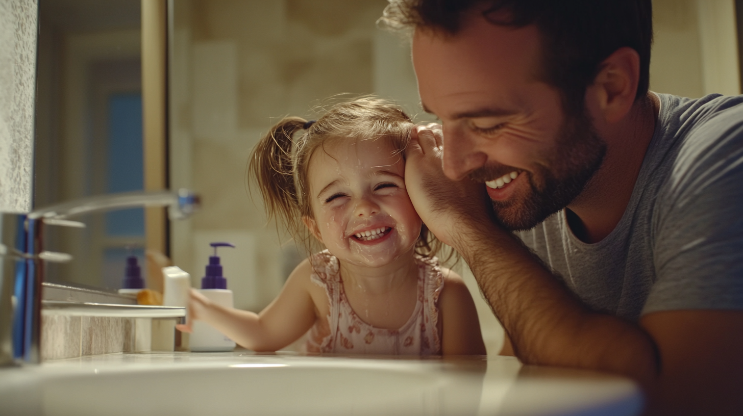 Father comforting daughter with joyful expressions in bathroom