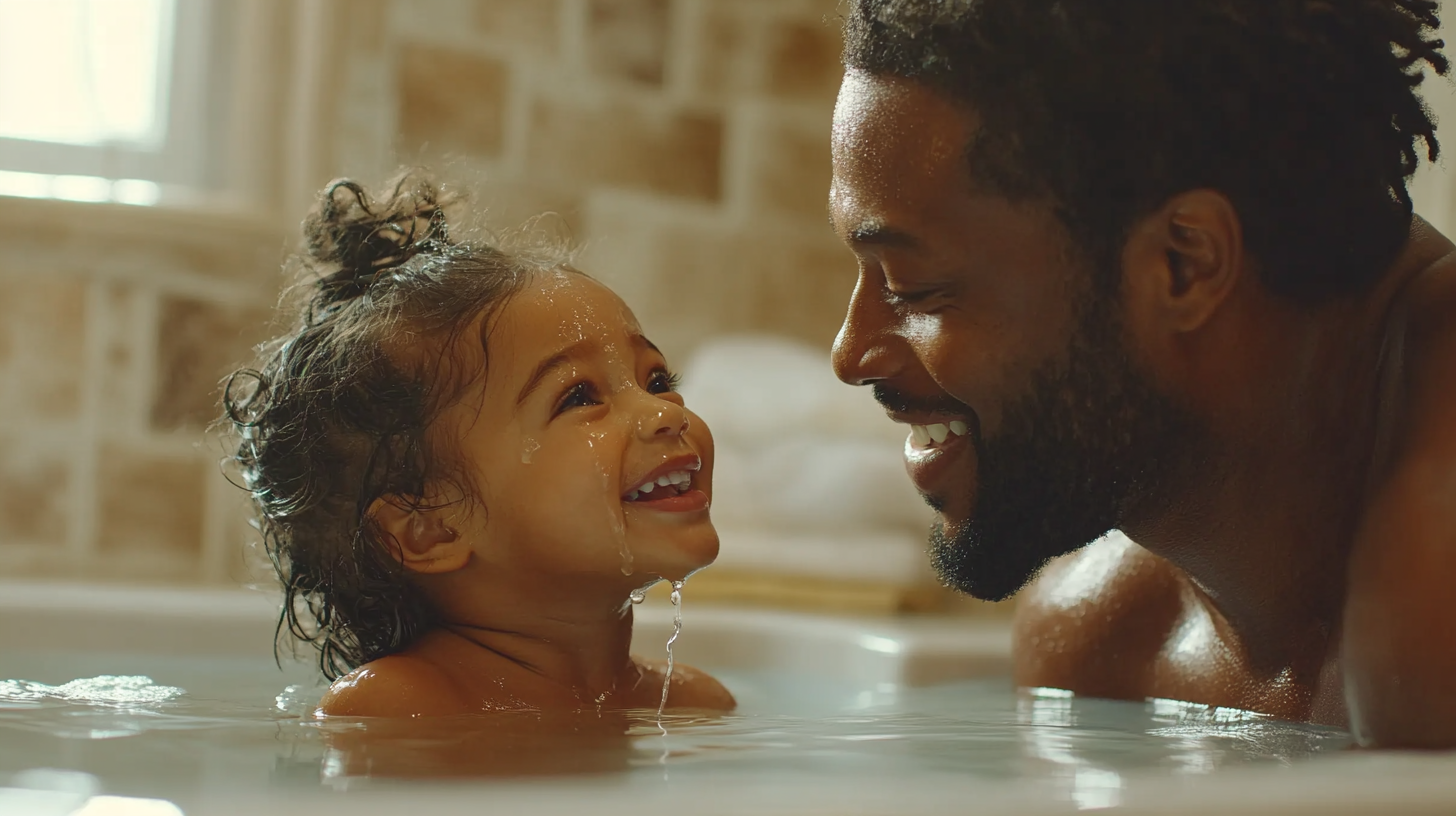 Father comforts daughter, wiping tears in cozy bathroom