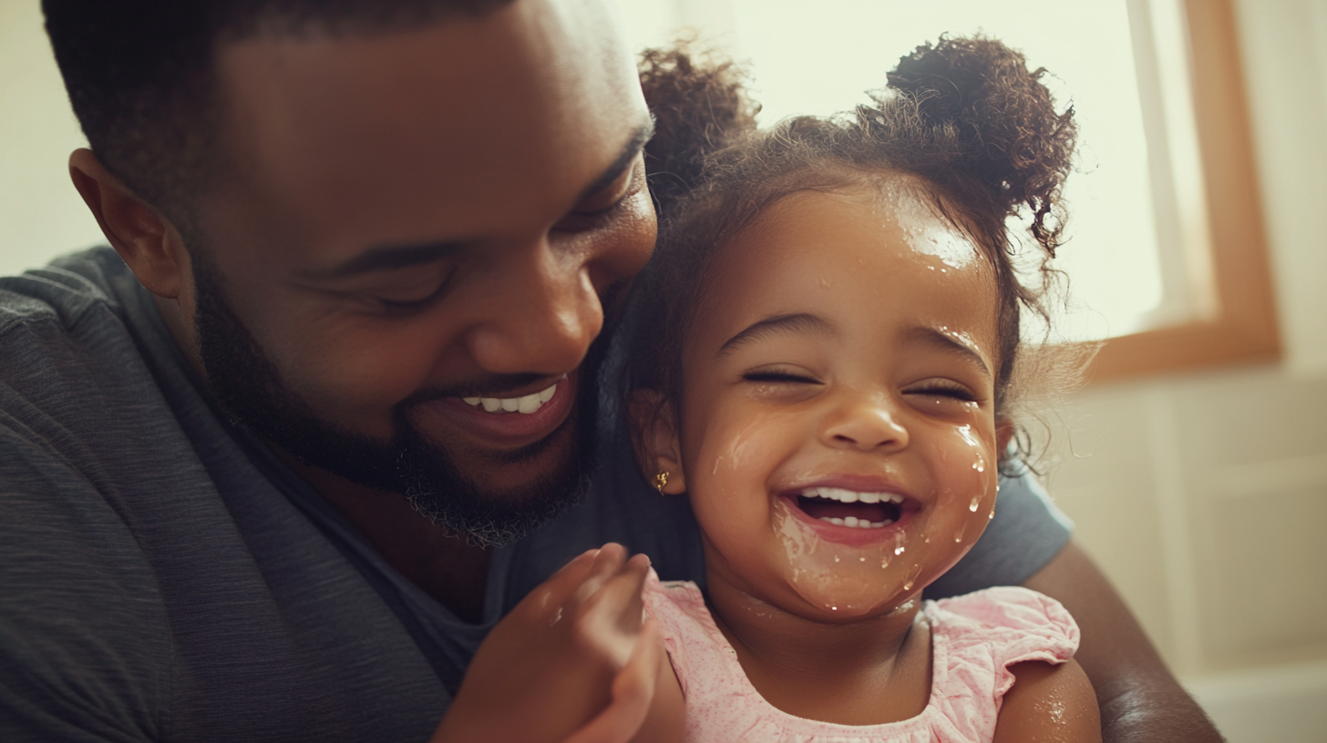 Father comforts daughter in cozy bathroom moment