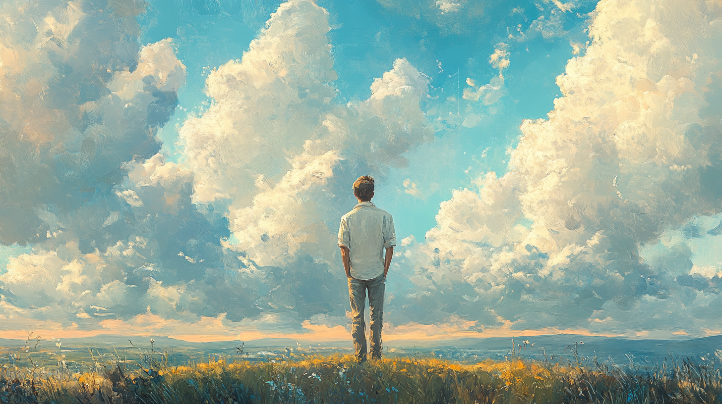 Father under vast Monet-style sky, serene and hopeful.