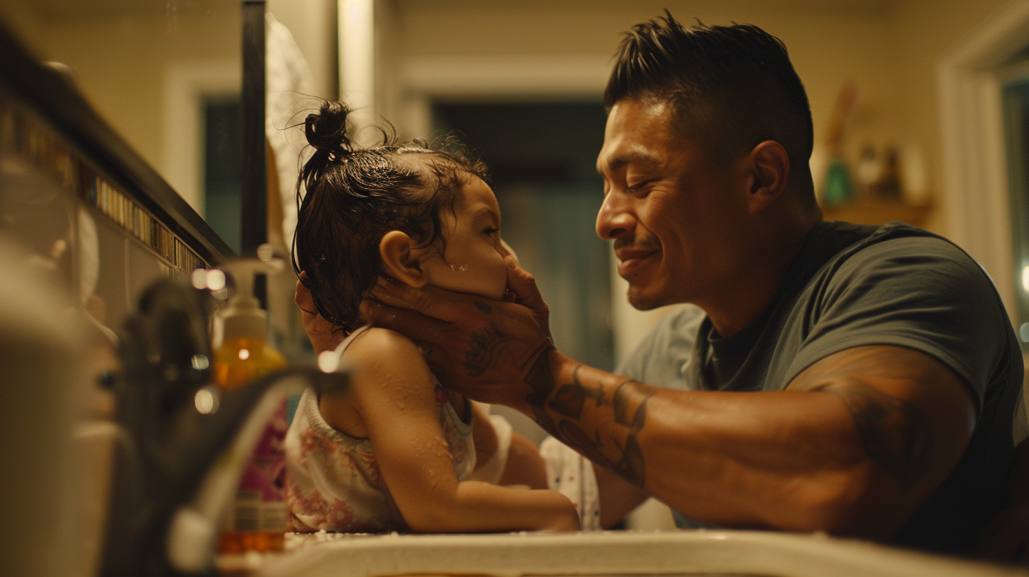 Father wipes daughter's tears in cozy bathroom scene