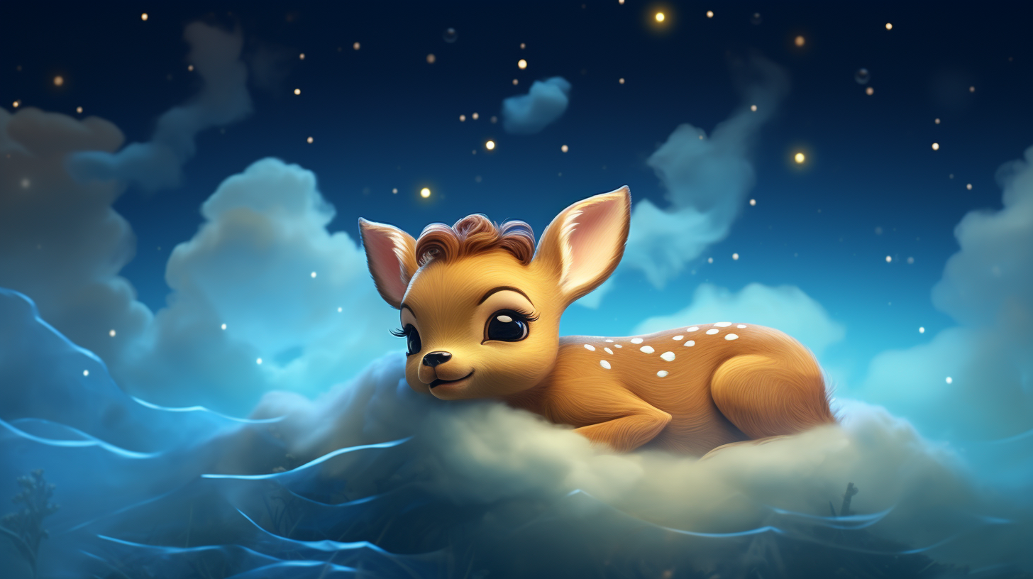 Fawn sleeping on clouds, starry background, Pixar style.