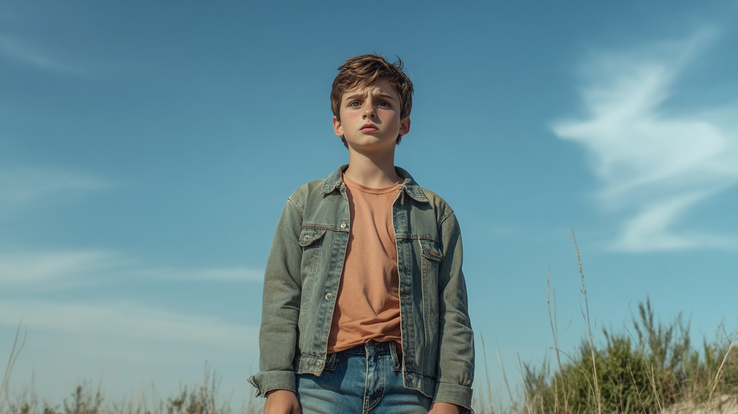 Fearful boy in denim stands straight, facing camera.