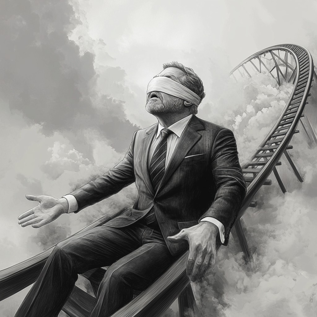 Fearful rollercoaster ride of blindfolded businessman in grey