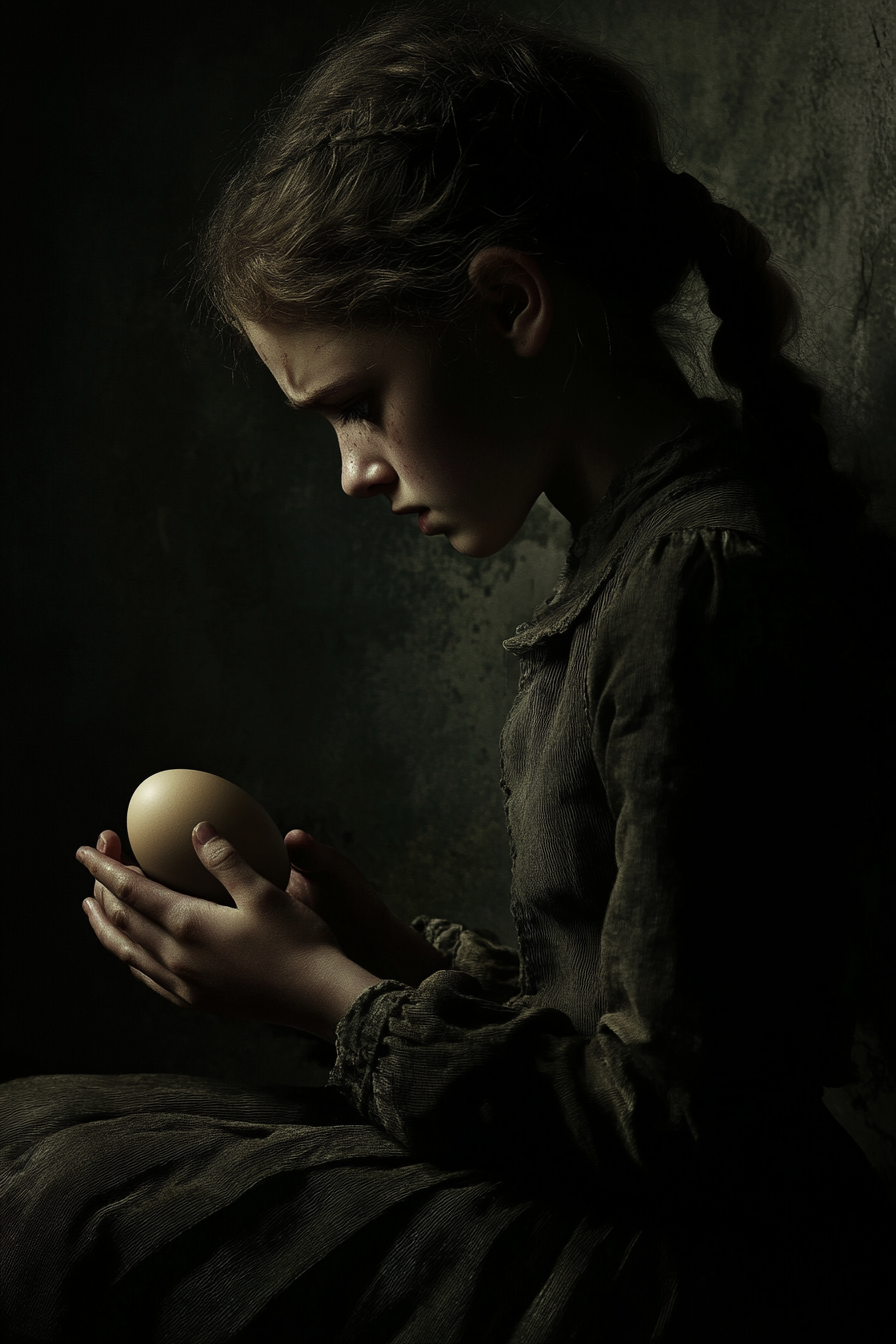 Fearful teenage girl holding cracking egg in dark atmosphere.