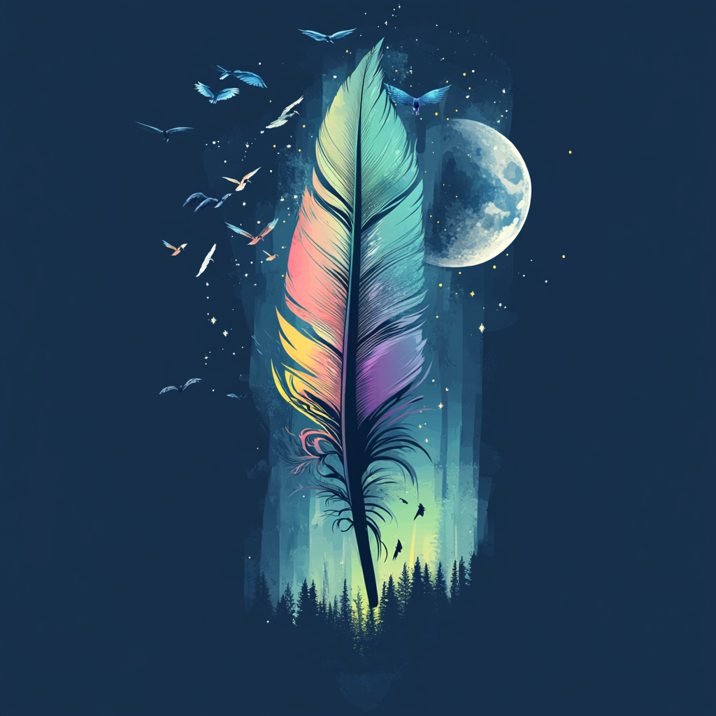 Feather with aurora borealis, moon, birds.