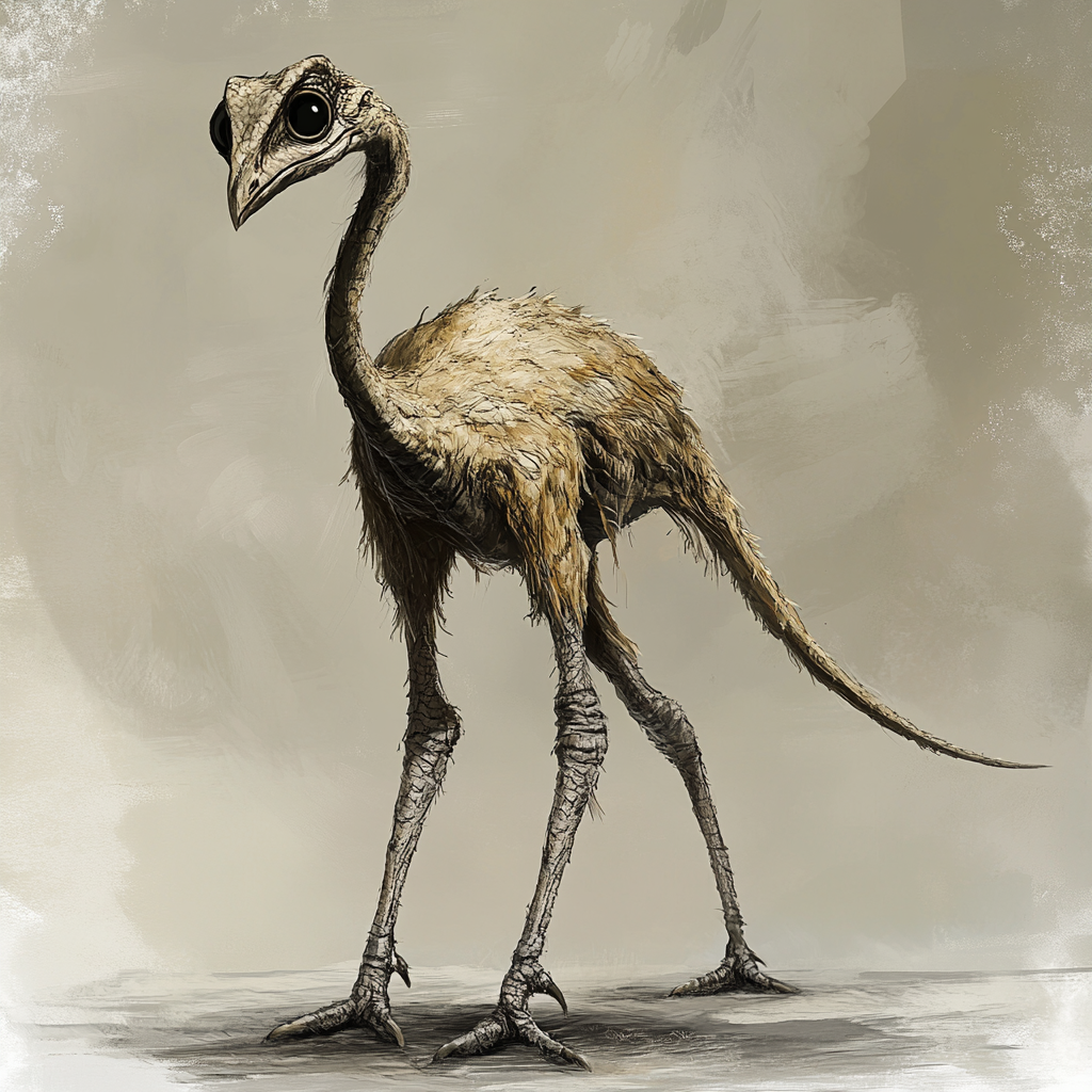 Feathered creature with long neck, scales, black eyes