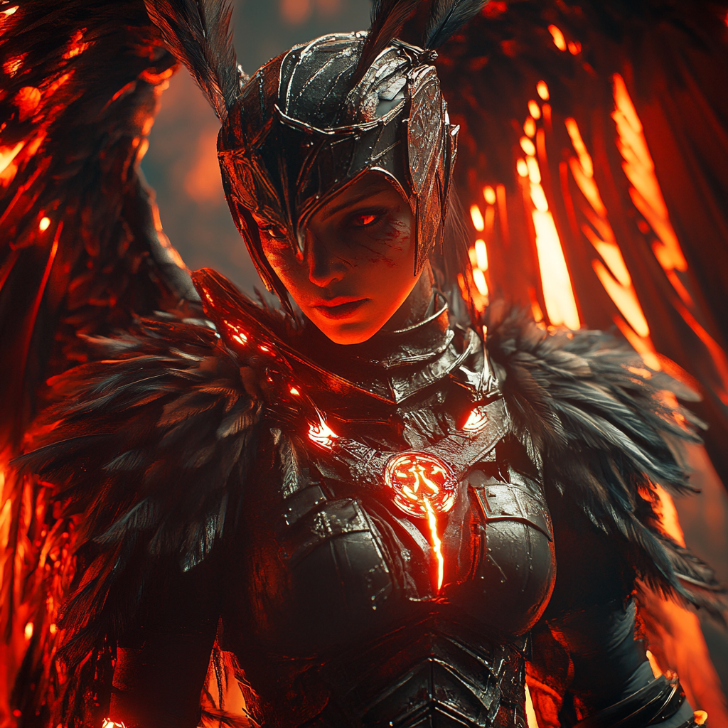 Feathered warrior, armor of ash, glowing runes, detailed rendering.