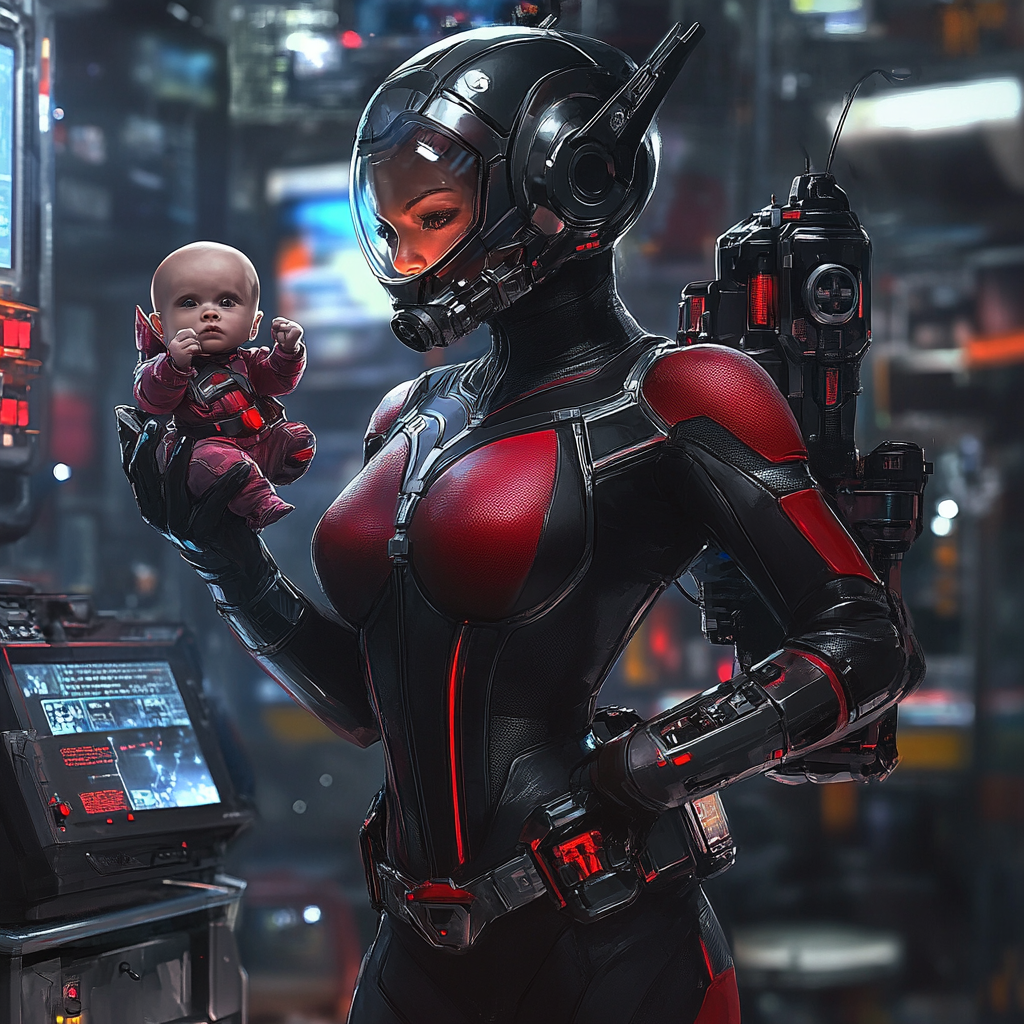 Female Ant-Woman with baby in high-tech lab.