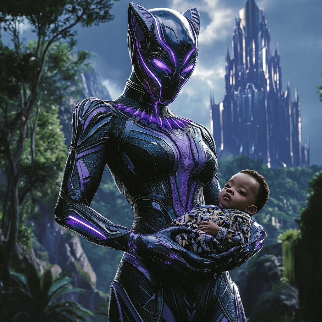 Female Black Panther holds baby in majestic Wakanda.