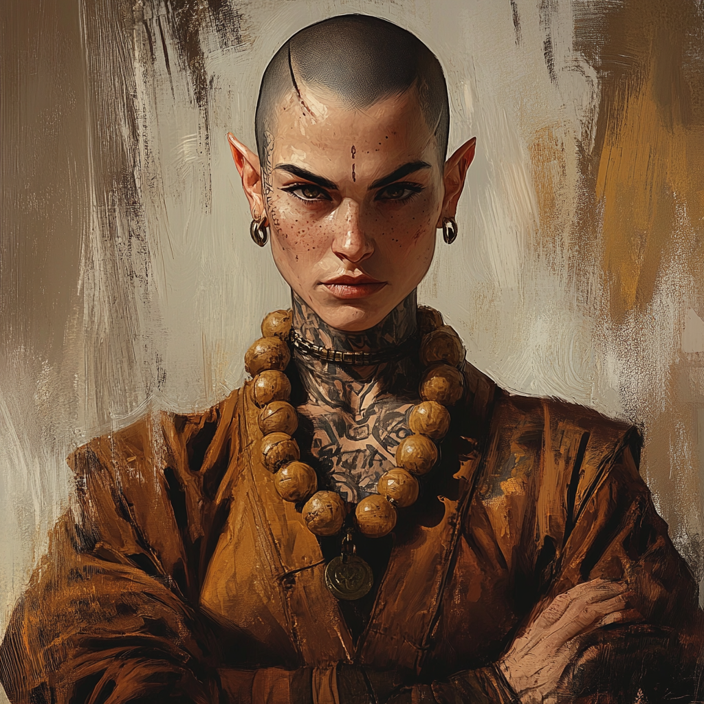 Female Elf Monk With Shaved Head And Tattoos Portrait