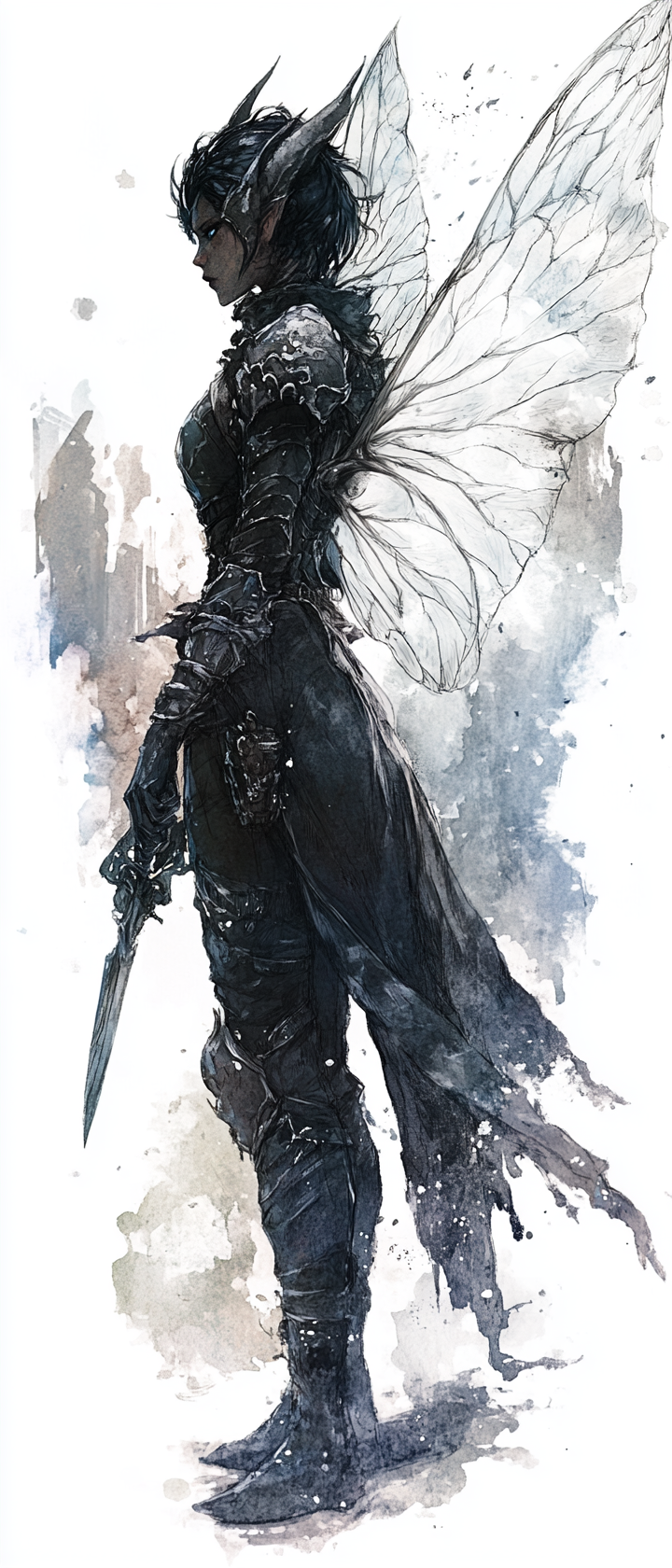 Female Fairy rogue in dark armor with wings holding dagger.