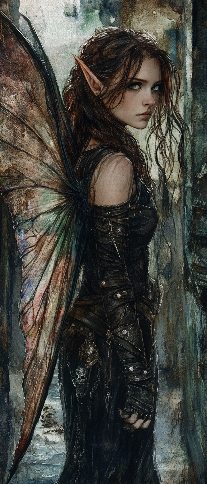 Female Fairy rogue in dark armor with wings.