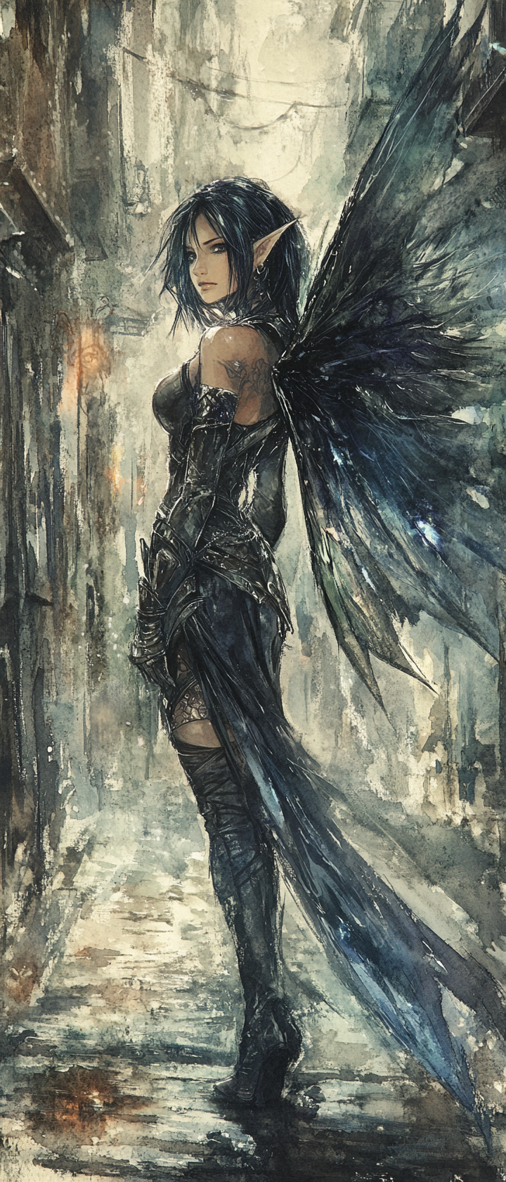 Female Fairy rogue in leather armor, translucent wings. City back alley, dark fantasy setting.