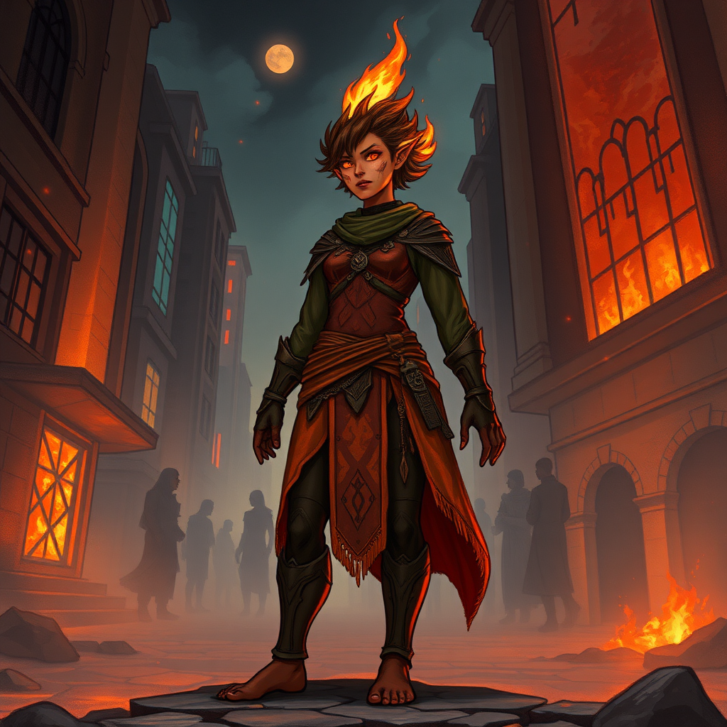 Female Fire Genasi Druid in City