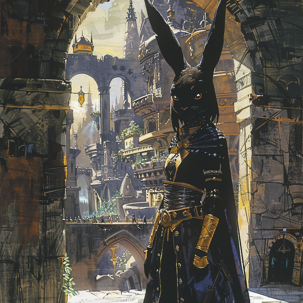 Female Rabbit Shadow Monk in urban landscape.