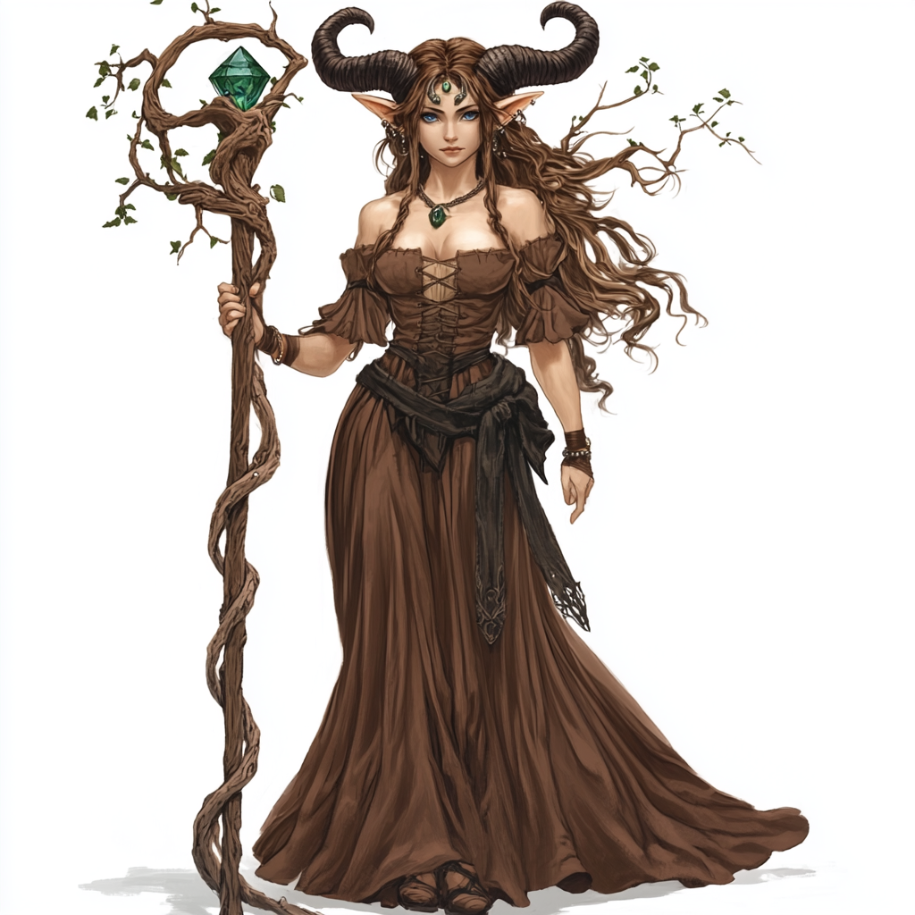 Female Satyr with ornamental staff in fantasy RPG