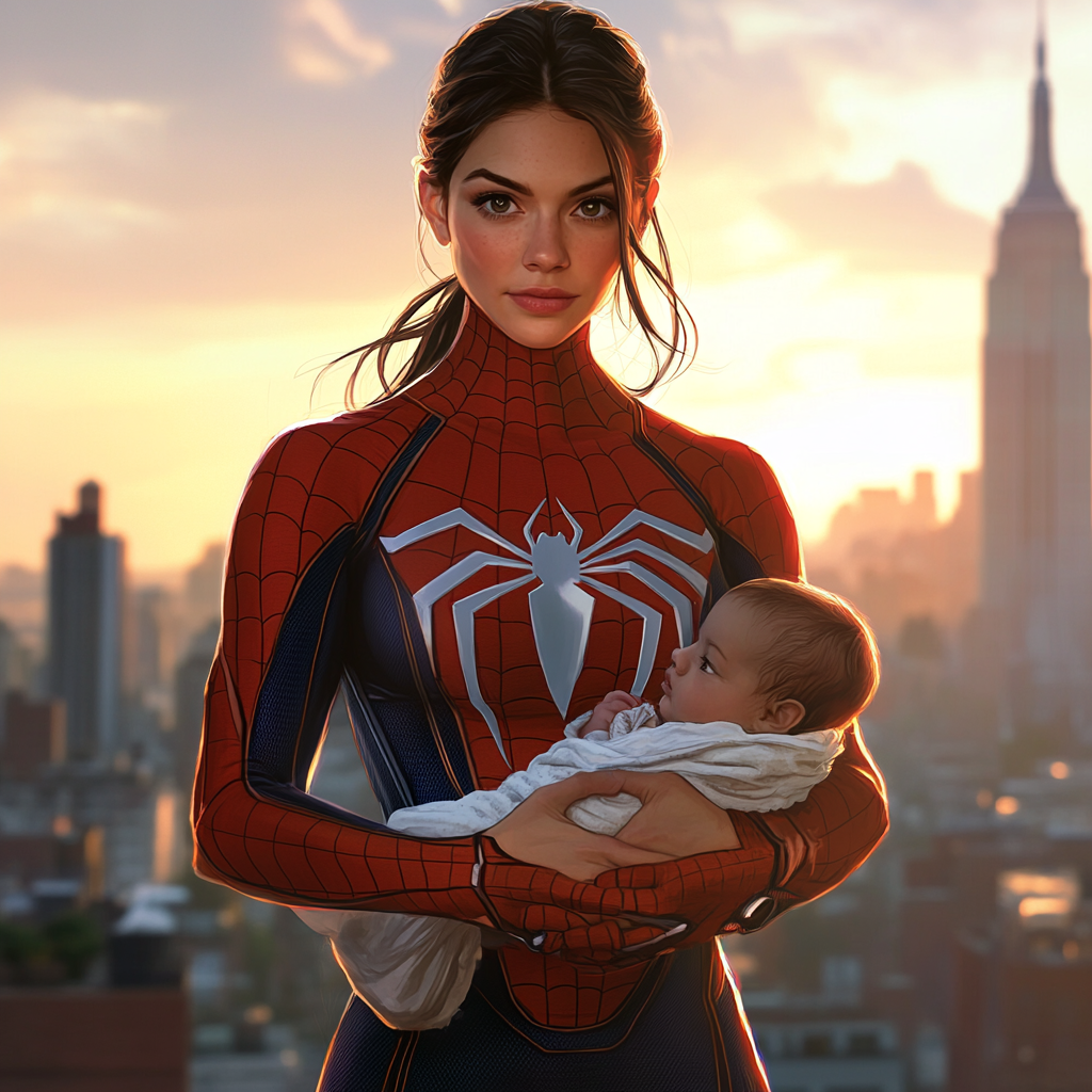 Female Spiderman with baby on NYC rooftop at sunset.