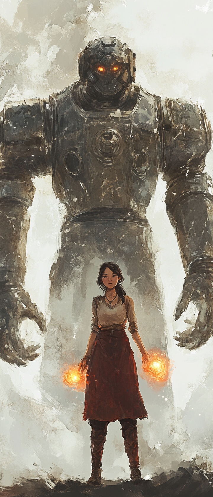 Female adventurer and metal golem in eerie fantasy world.