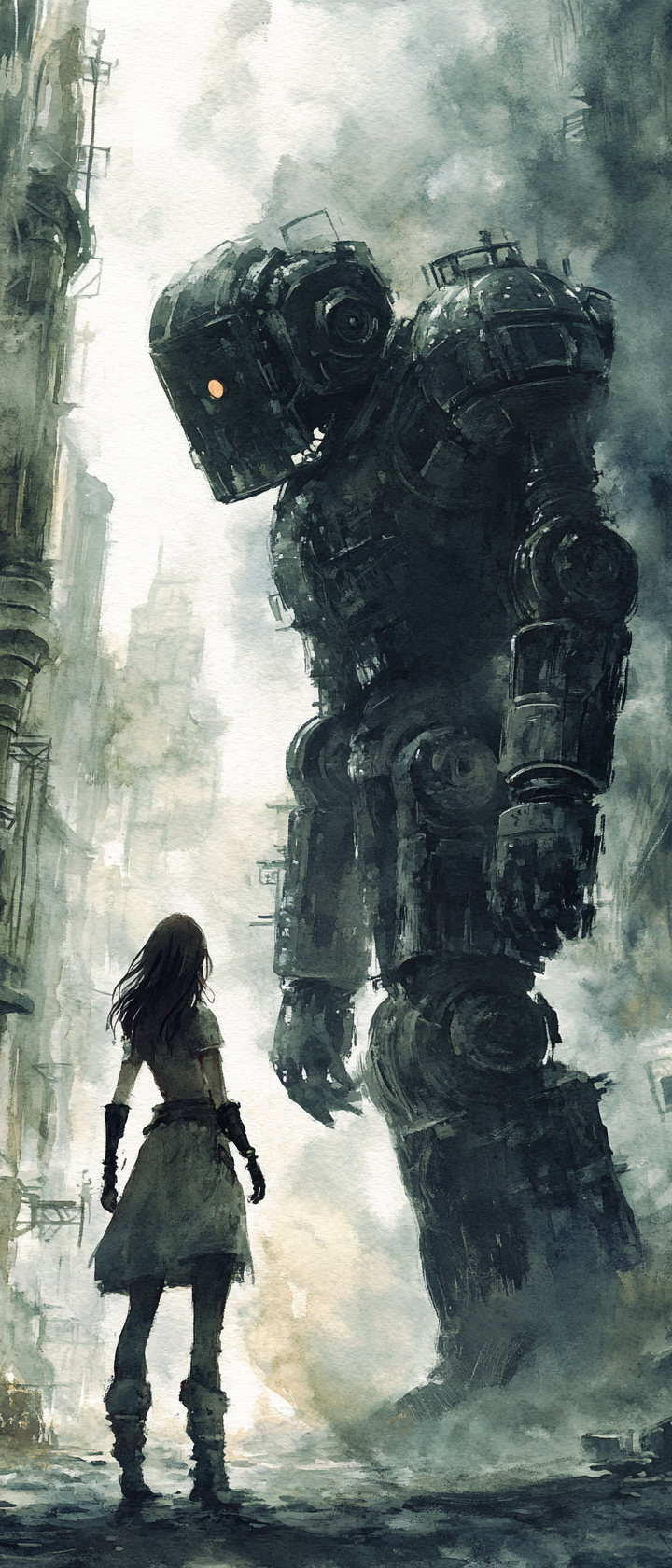 Female adventurer beside metal golem in eerie fantasy setting.