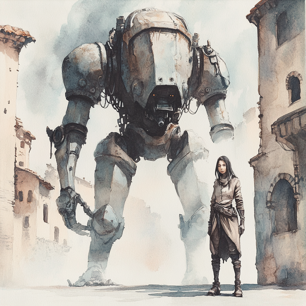 Female adventurer with mechanical companion in eerie setting.