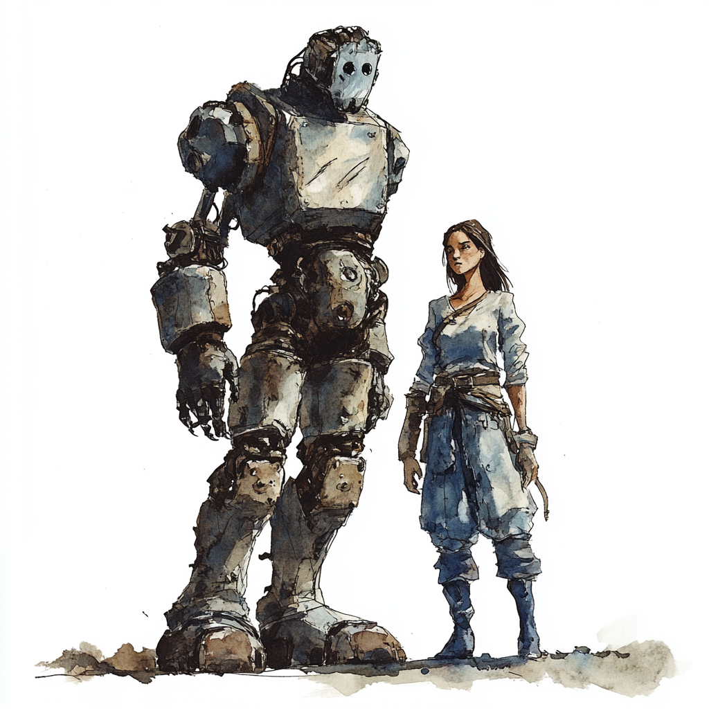 Female adventurer with mechanical golem in eerie setting watercolor.