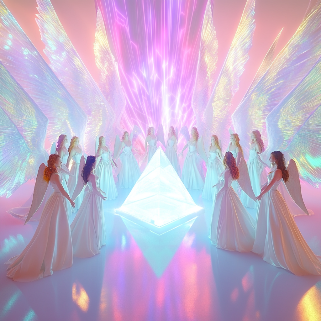 Female angels in white robes, near glowing orb.