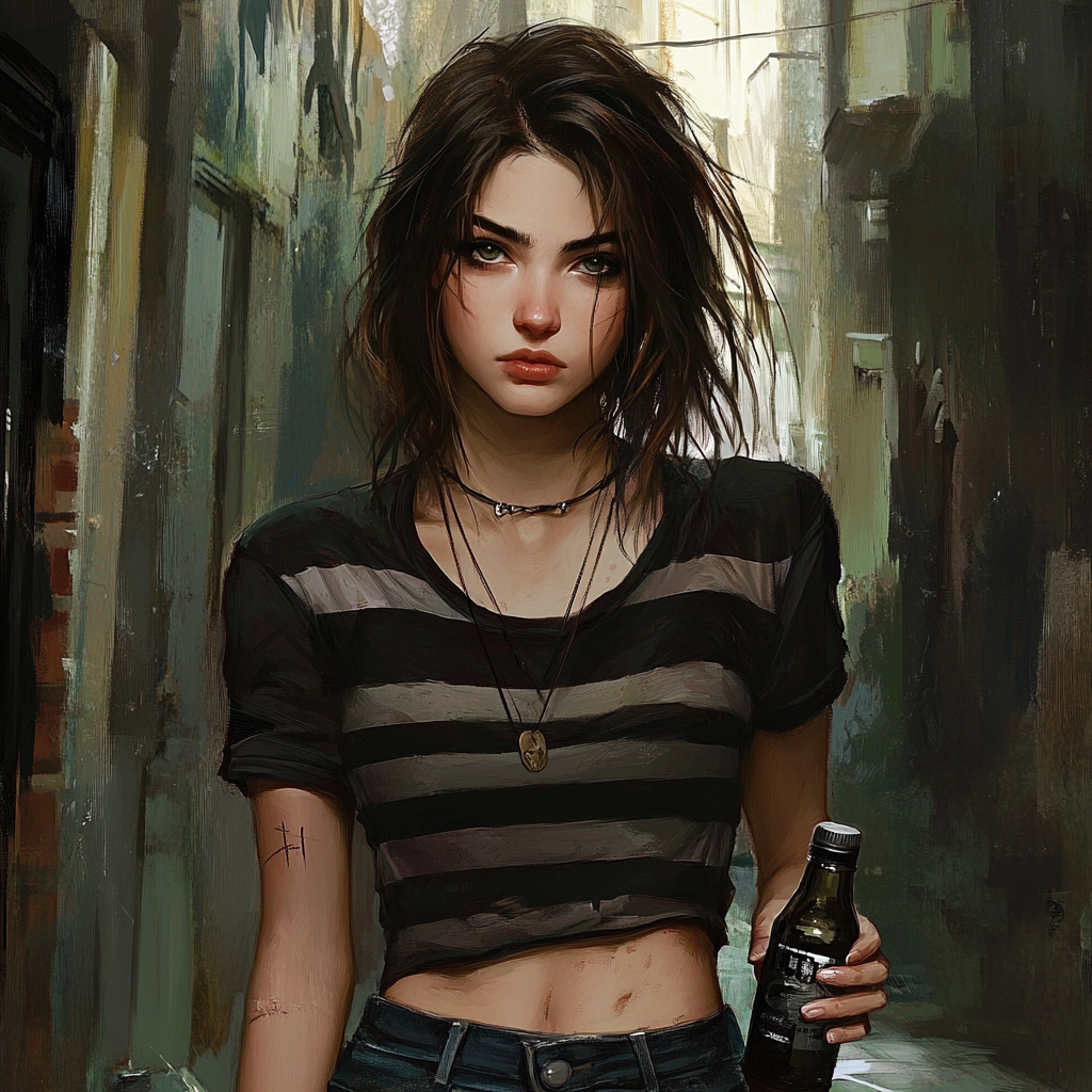 Female anime character with messy brown hair and bottle.