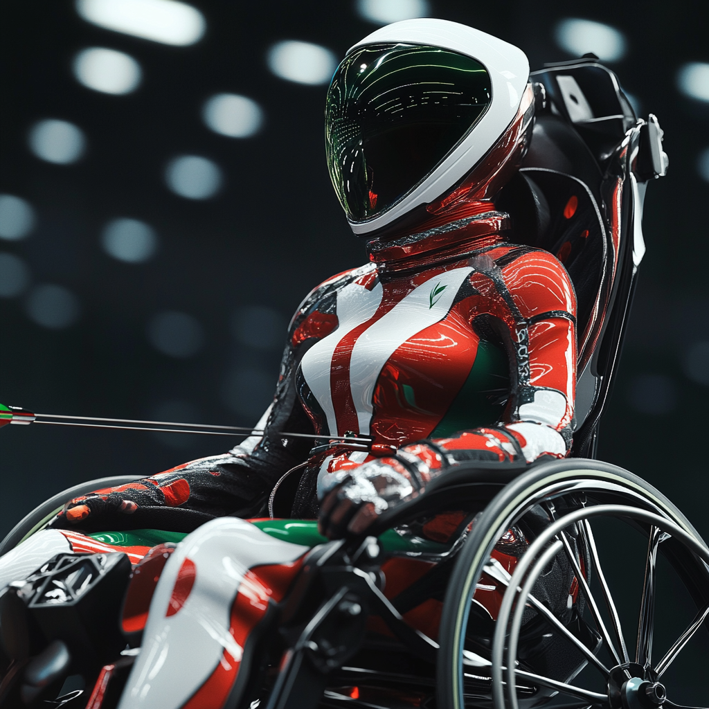 Female astronaut at Paralympic Games in red-green-black suit competing in archery, ultra HD.