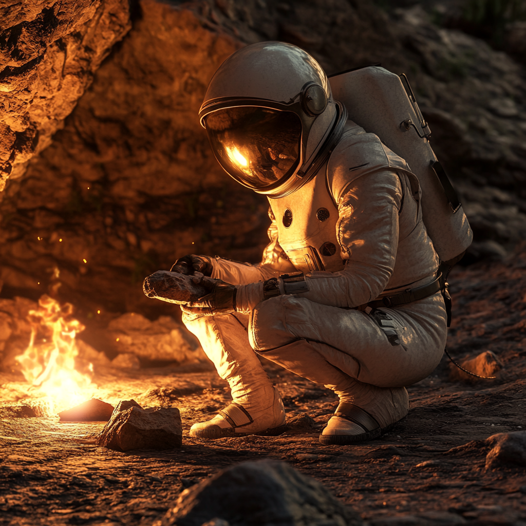 Female astronaut carving stone at cave entrance, night scene