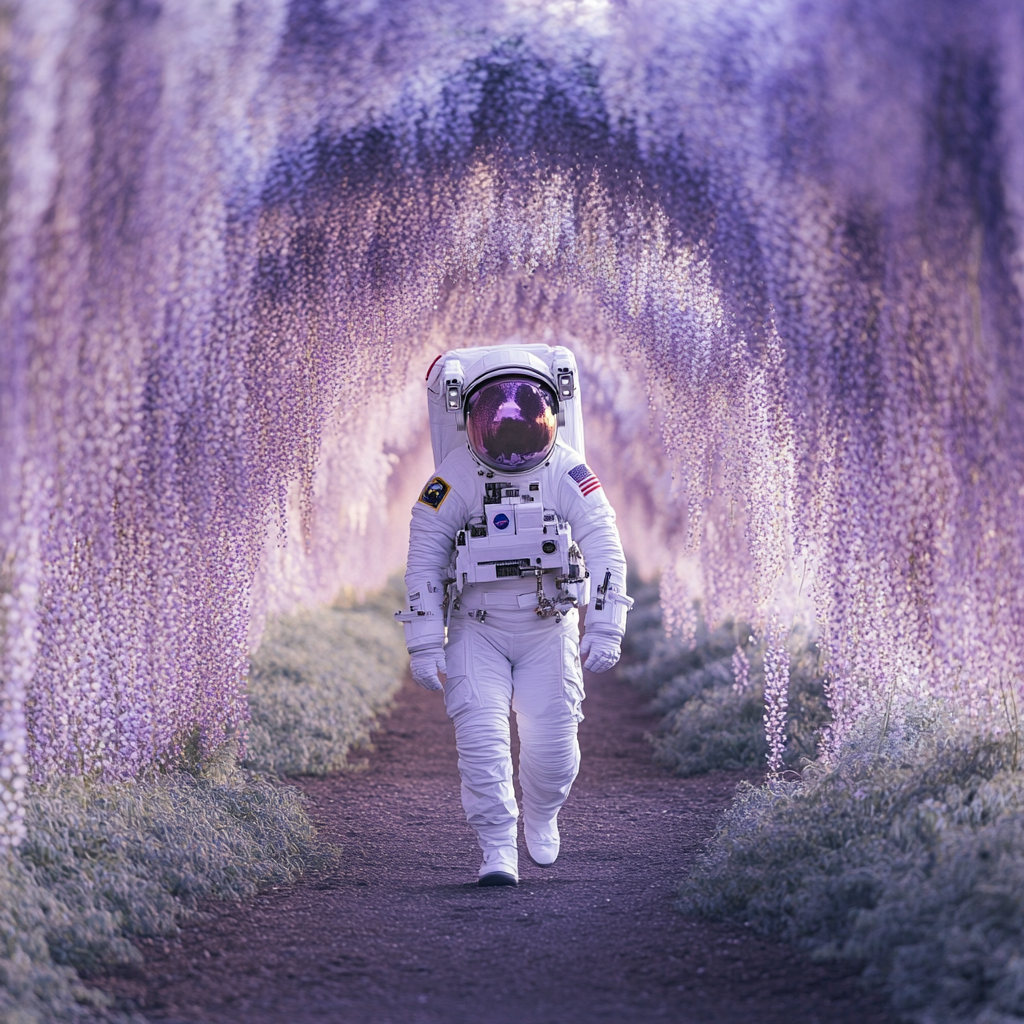 Female astronaut in Japanese flower suit, mauve wisteria tunnel.