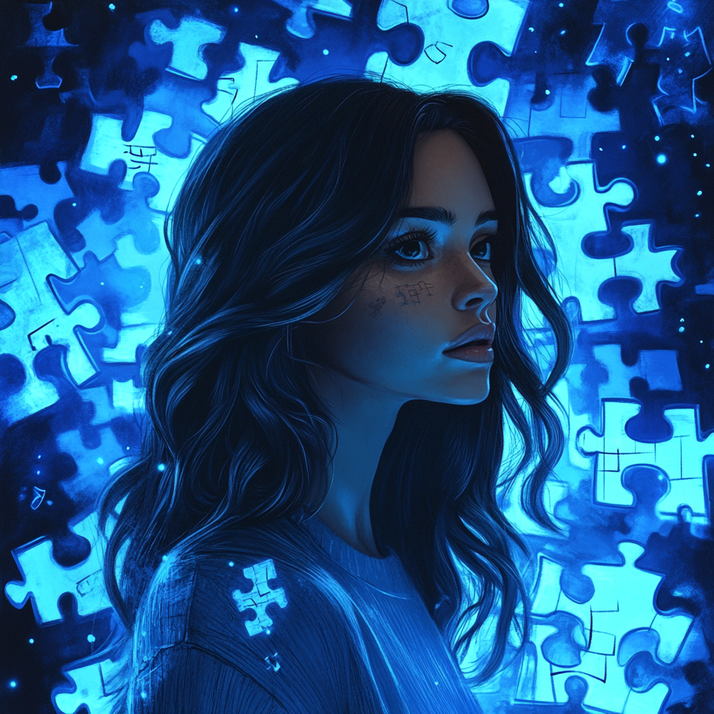 Female character studying psychology, blue puzzle background, realistic.