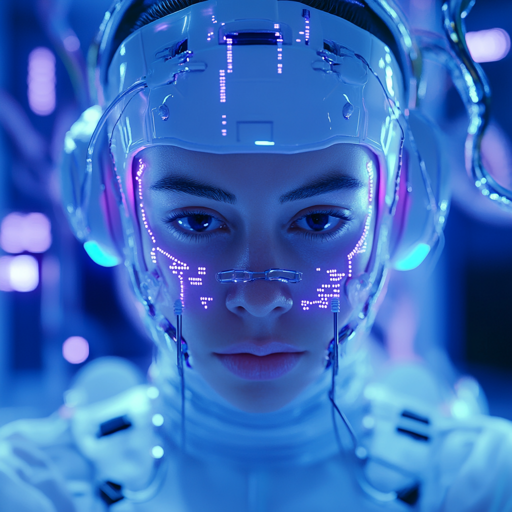 Female cyborg connected to futuristic medical table, digital screens.