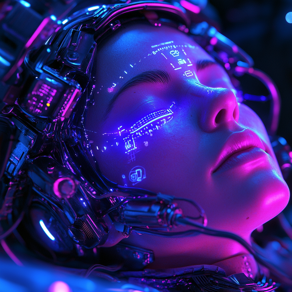 Female cyborg connected with futuristic cabled, blue lights, sleeping pod.