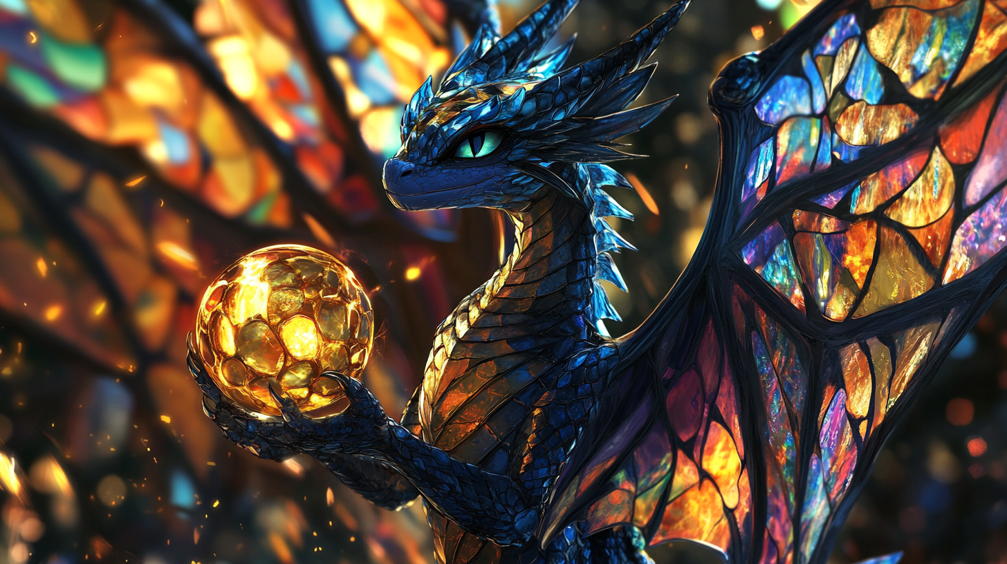 Female dragon with stained glass wings holding gold globe.