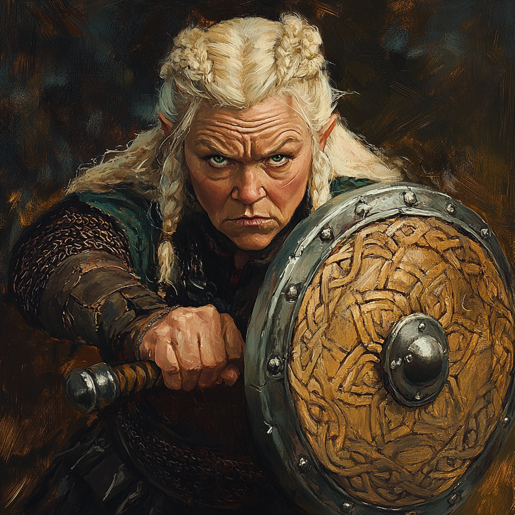 Female dwarf cleric of Freya with warhammer, braided hair.