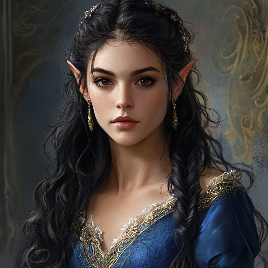 Female elf noble with flowing black hair, blue gown.