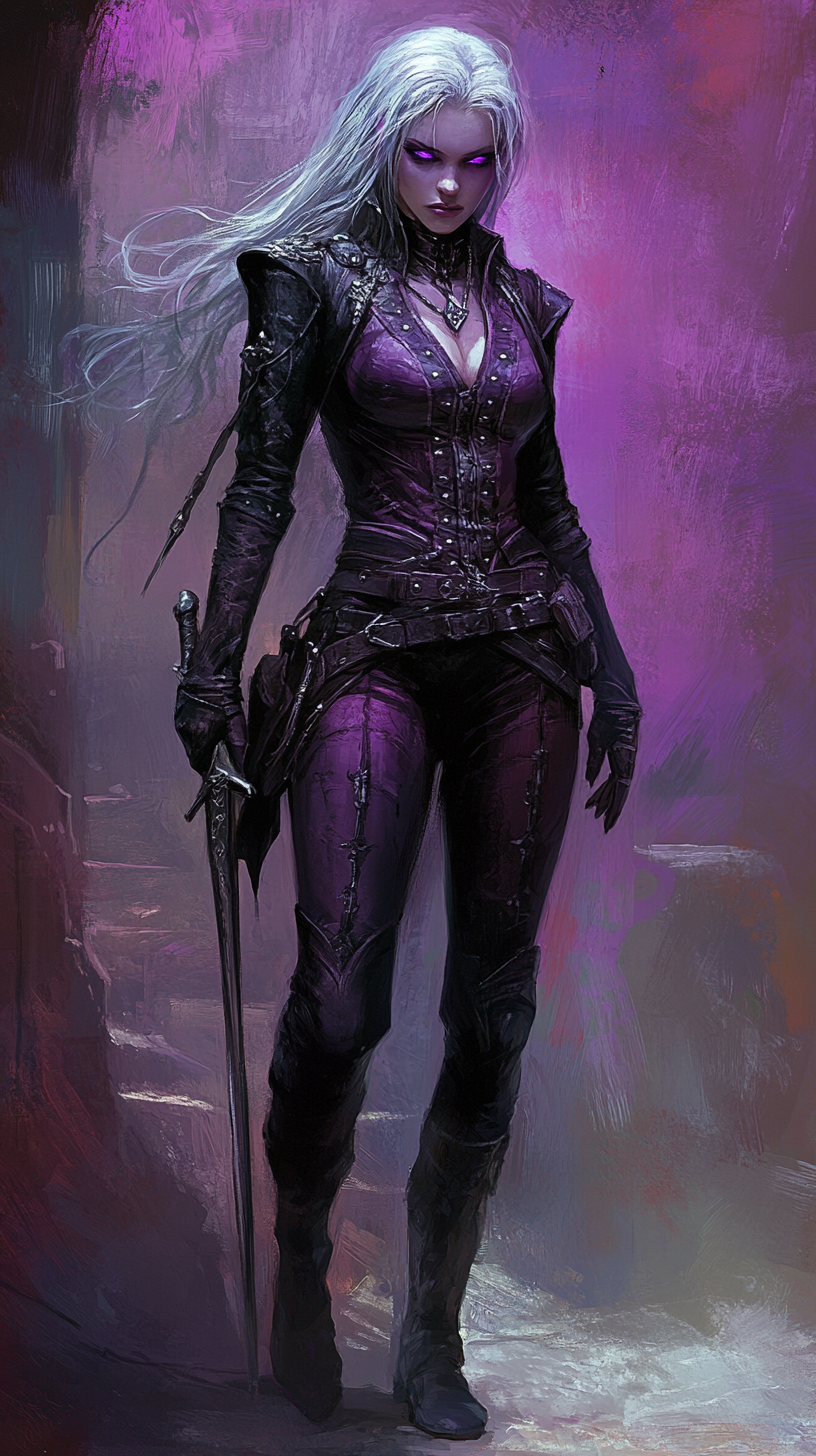 Female elf with purple skin, silver hair, sneaking with weapons.