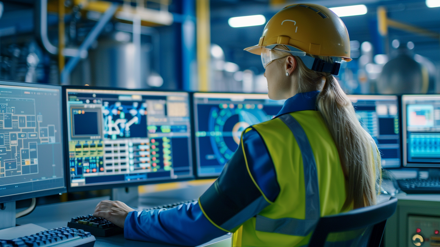 Female engineer in control room monitors energy data.